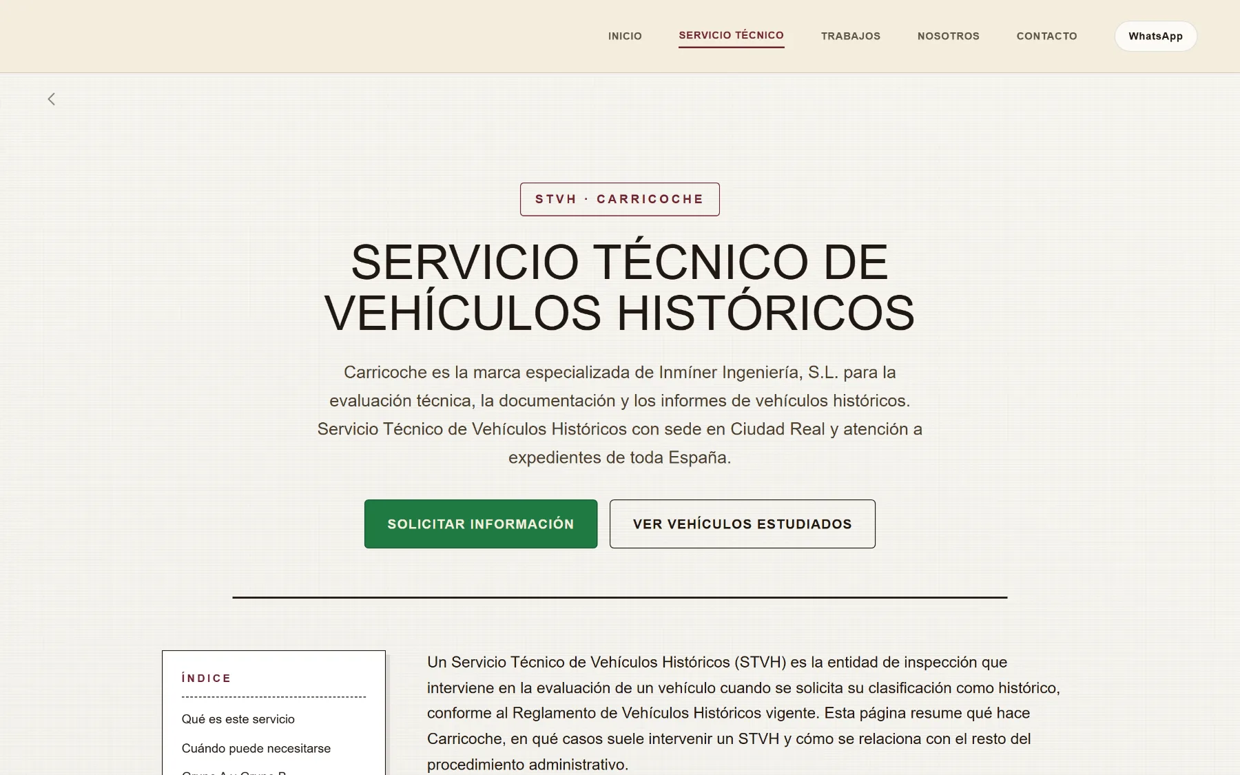 Página de servicio técnico de vehículos históricos, con su índice de contenidos lateral.