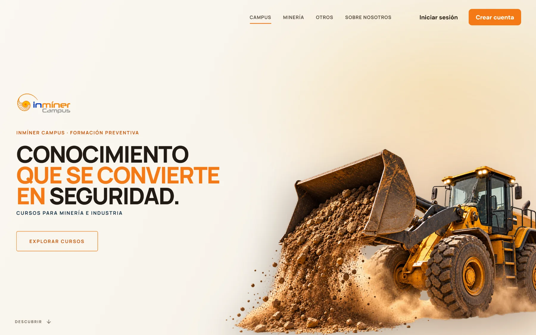 Portada de InmínerCampus: el titular «Conocimiento que se convierte en seguridad» junto a una imagen de maquinaria minera.